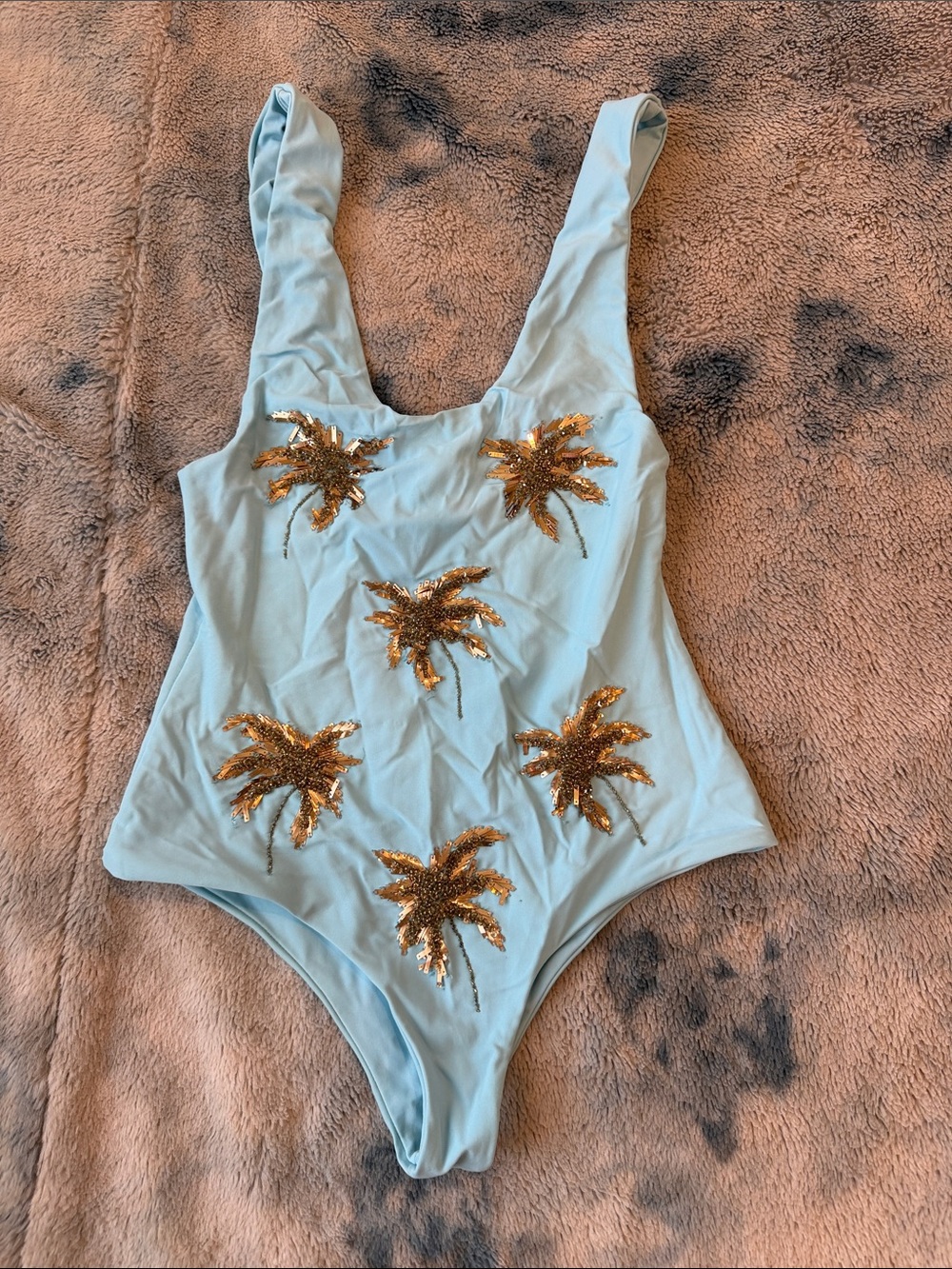 Beach Riot Light Blue One-Piece Swimsuit with Gold Sequin Palm Trees